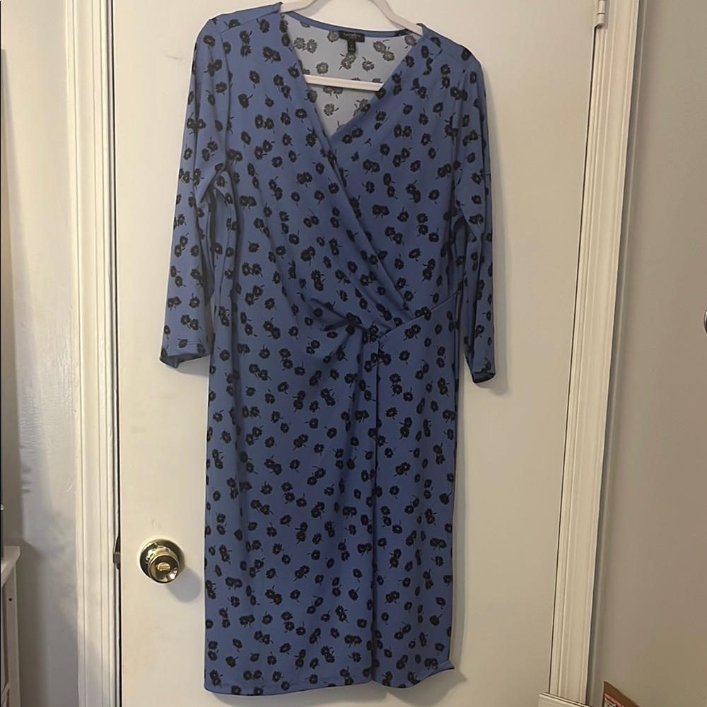 Talbots Blue Ruched X Wrap Dress V-Neck 3/4 Sleeve